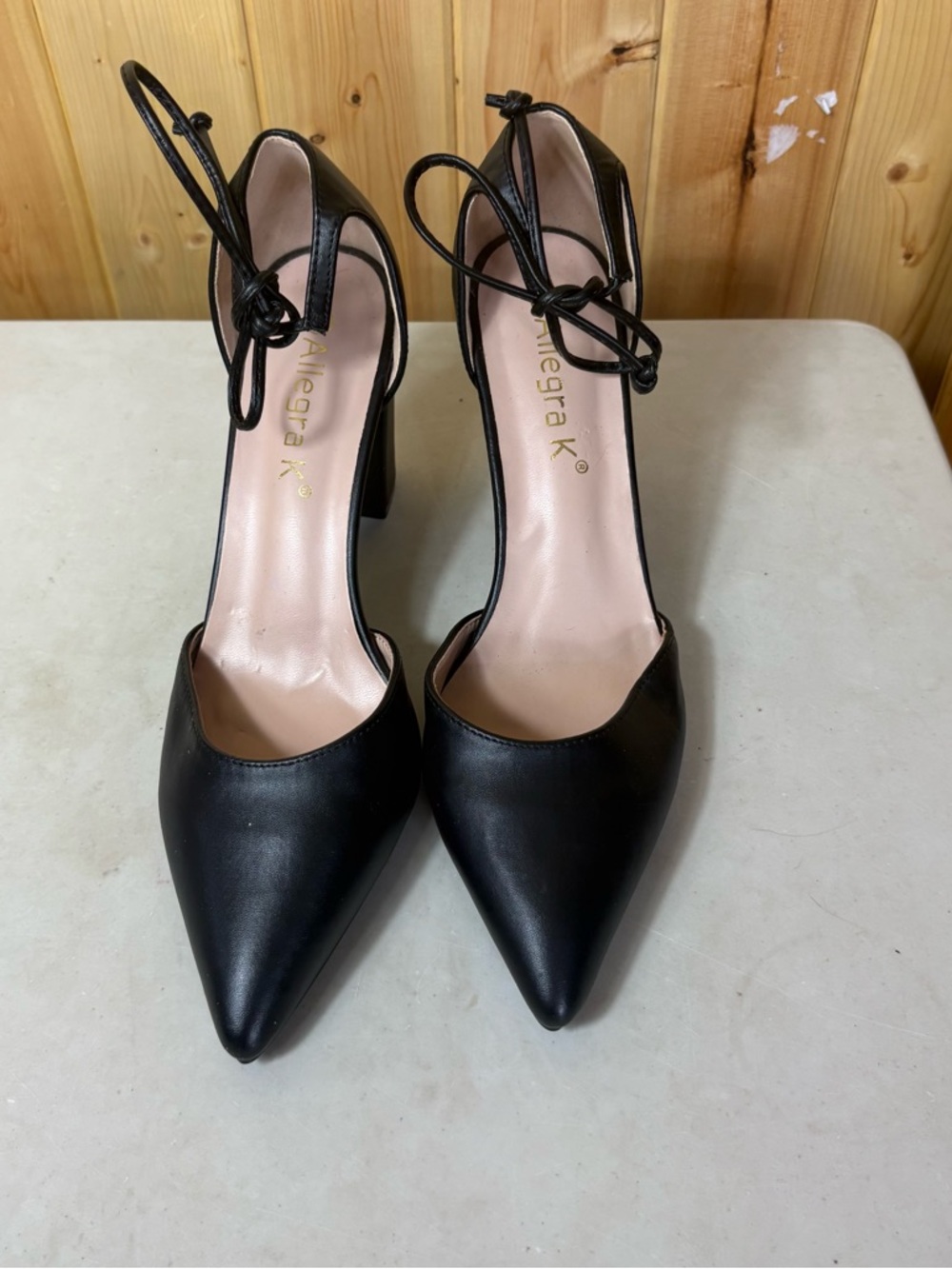Allegra K Black Pointed Toe Ankle Tie Pumps Size 9 Classic Edgy Minimalist